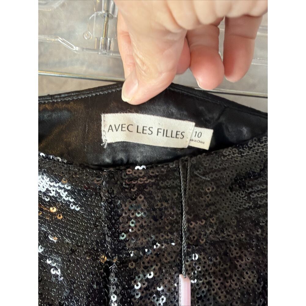 Avec Les Filles Black Sequin Wide Leg Pants Size 10 High Rise Evening Party - Picture 8 of 10